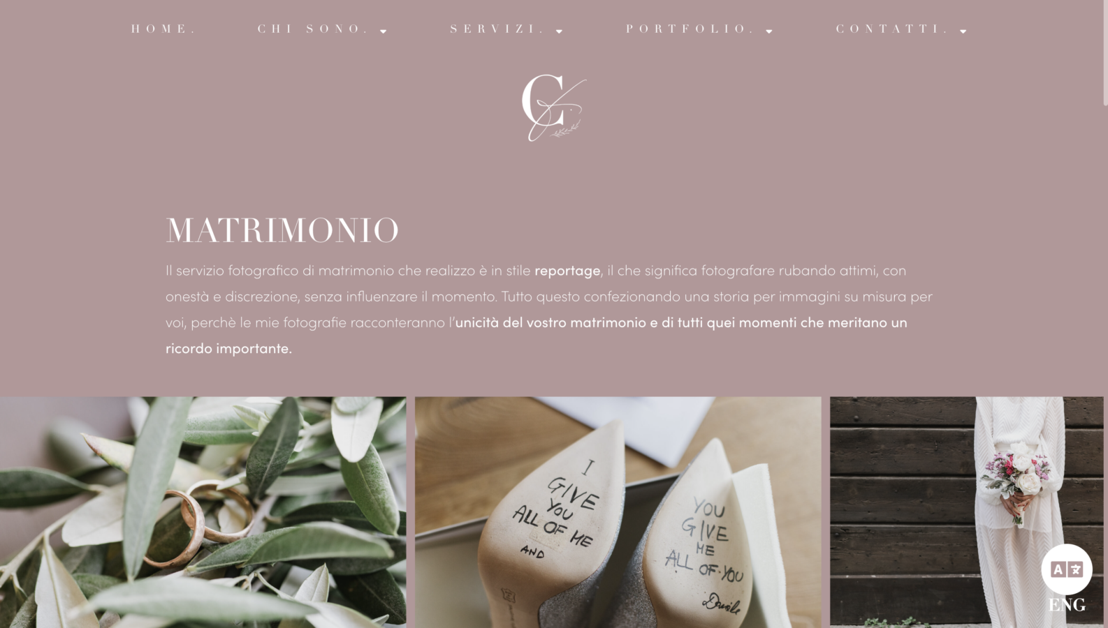 Schermata del sito Carlotta F. - Wedding reportage e fotografia di branding, progetto web di Laio Webdesign