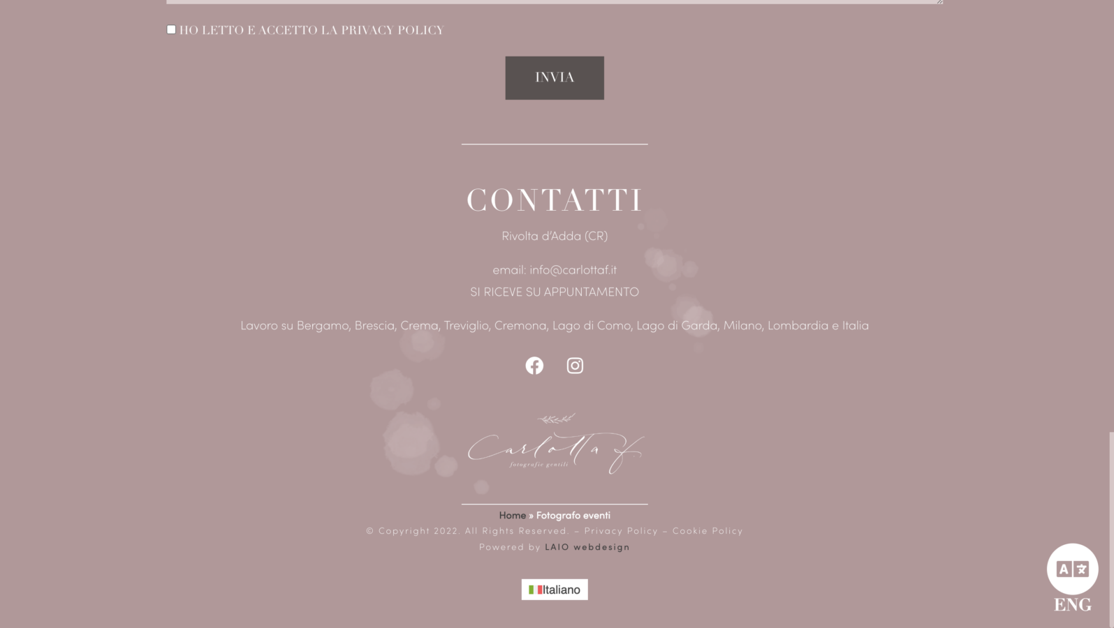 Schermata del sito Carlotta F. - Wedding reportage e fotografia di branding, progetto web di Laio Webdesign