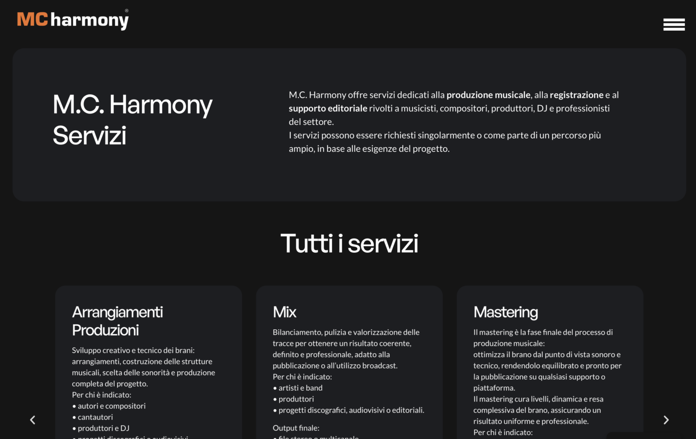 Schermata del sito MC Harmony - Studio di Registrazione e Music Label, progetto web di Laio Webdesign