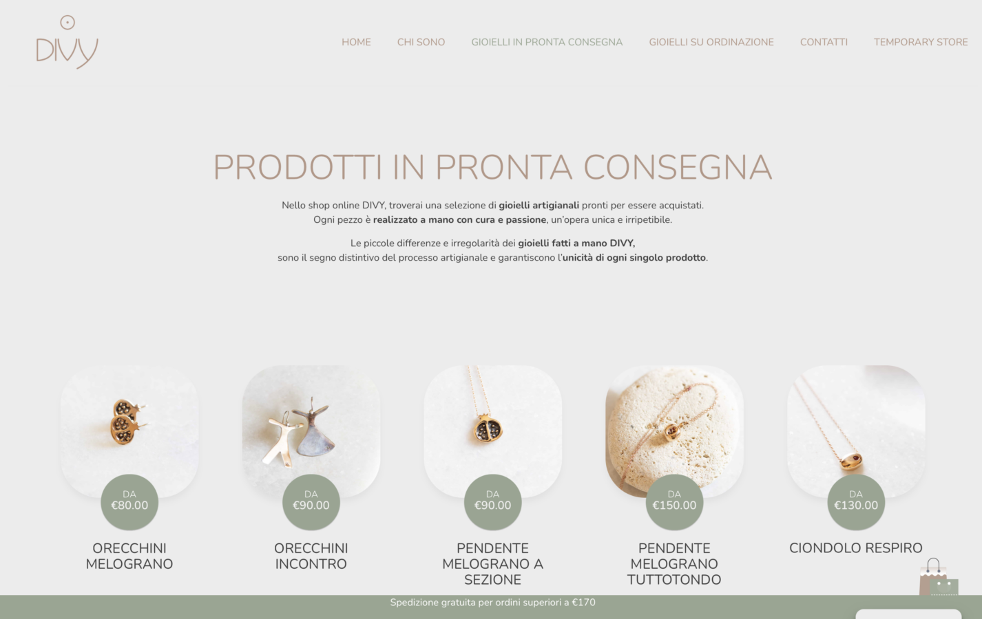 Schermata del sito Divy Jewels - Gioielli fatti a mano, progetto web di Laio Webdesign